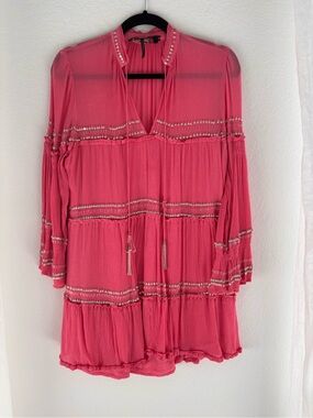 Free People Bright Pink Boho Tunic Dress with beading
